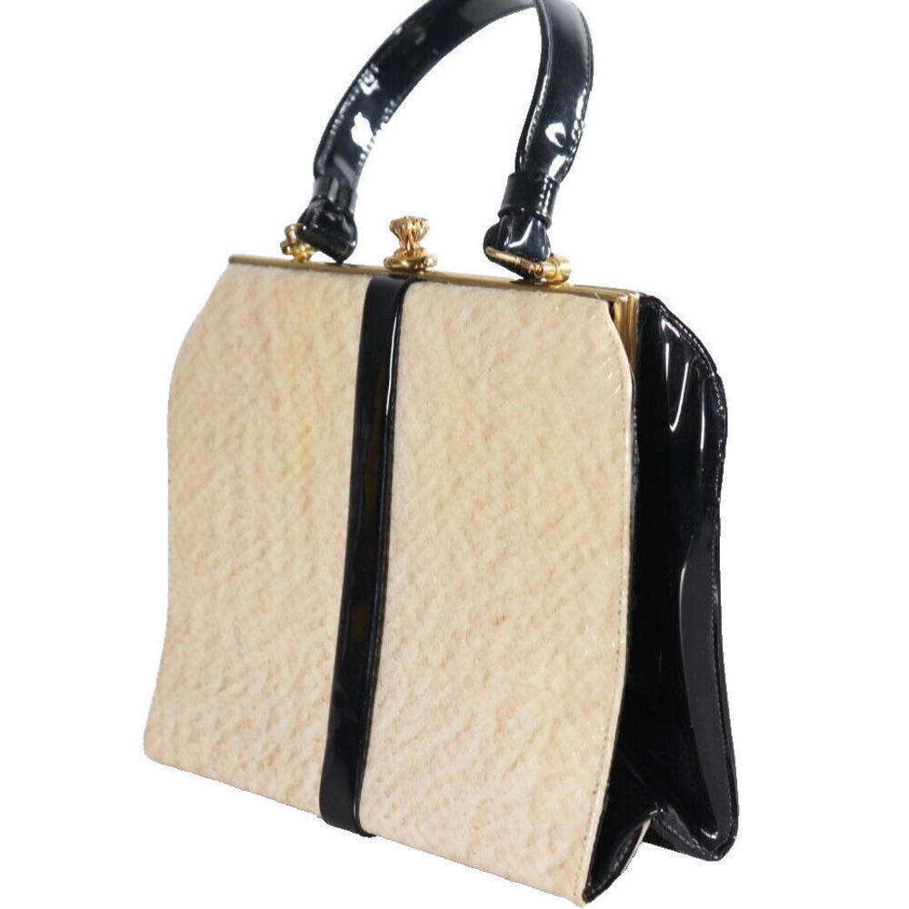 Vintage Women’s Small Cream Black Patent Faux Python Snake Skin Handbag Purse - Picture 5 of 11